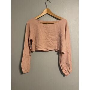 Womens Crop Top Size Small Pink Long Sleeve Gauzy Lagenlook Coastal Beachy Boho